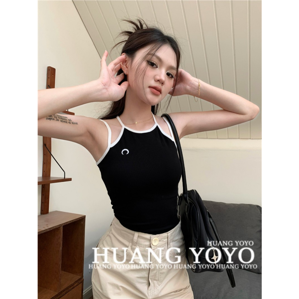 HUANG YOYO Áo Croptop Sát Nách Hoạ Tiết Mặt Trăng Thêu Thiết Kế Hợp Thời Trang