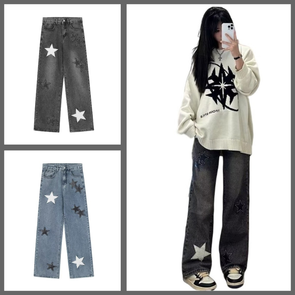 Quần denim Ống Rộng In Họa Tiết Thời Trang Cá Tính quần jean cạp cao Quần jean ôm quần jean nữ quần jean nam thời trang trẻ tuổi