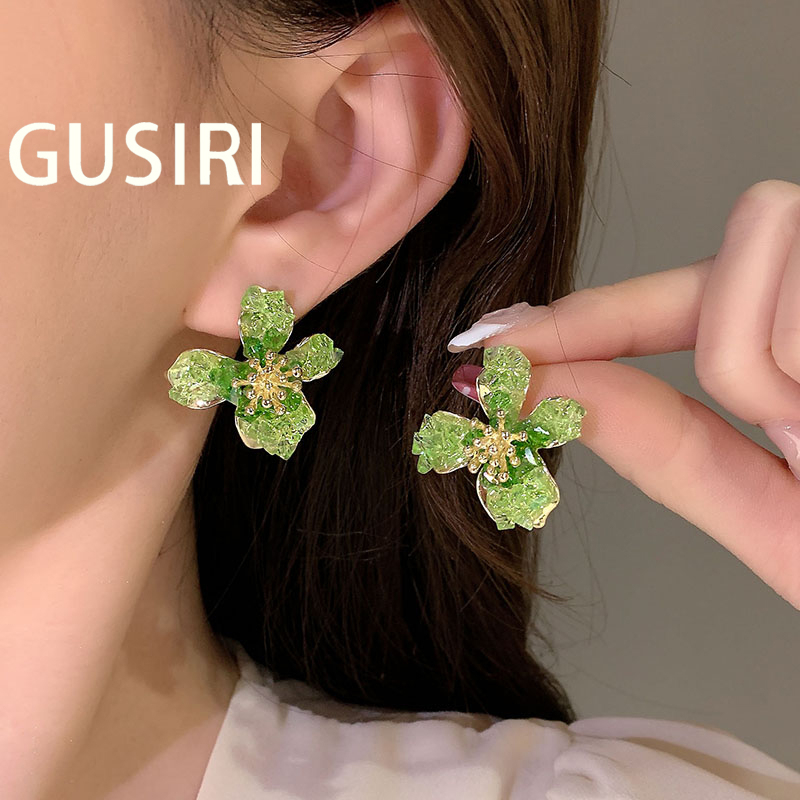 GUSIRI Bông Tai Mạ Bạc 925 Hình Hoa Màu Xanh Lá Không Gây Dị Ứng Thời Trang Cho Nữ