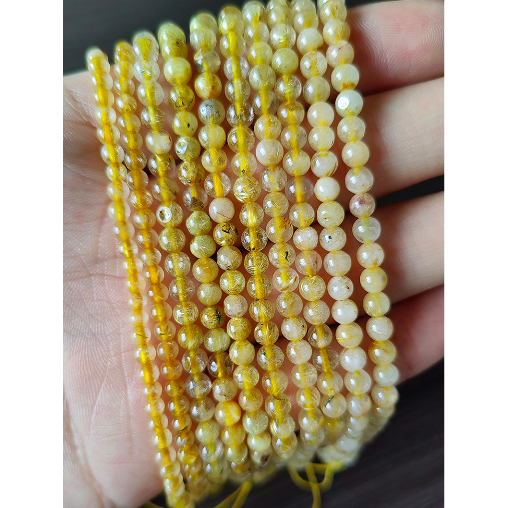 Thiên Nhiên 4mm Vàng Rutilated Đá Vàng Pha Lê Rời Hạt Tròn Để Trang Sức Làm DIY Vòng Cổ Vòng Tay Dây 15'