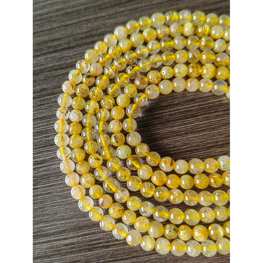 Thiên Nhiên 4mm Vàng Rutilated Đá Vàng Pha Lê Rời Hạt Tròn Để Trang Sức Làm DIY Vòng Cổ Vòng Tay Dây 15'