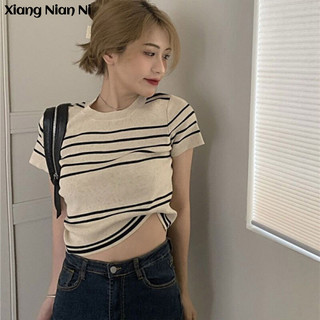 Áo thun XIANG NIAN NI tay ngắn cổ tròn dáng rộng họa tiết kẻ sọc màu tương phản thời trang cho nữ