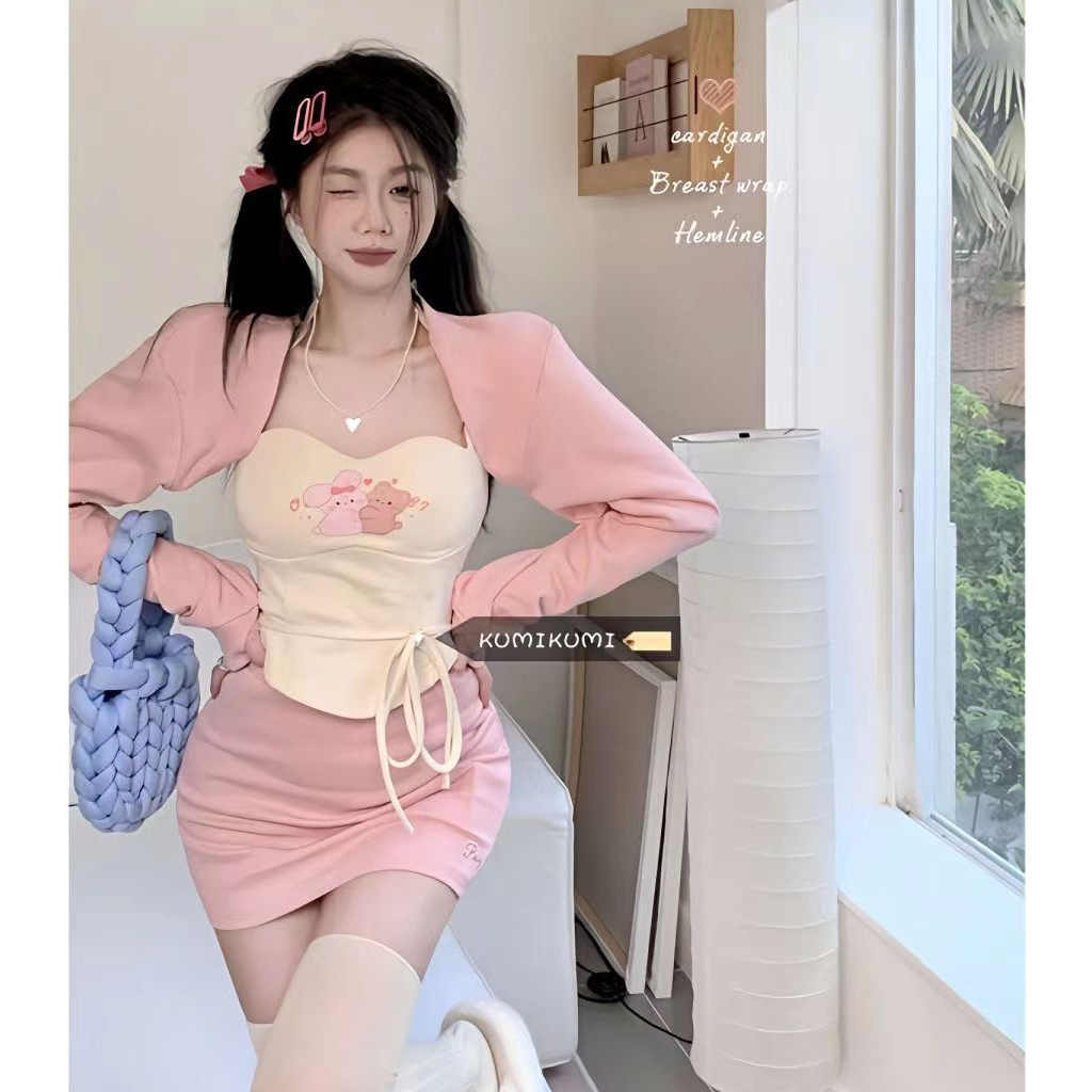 Set Áo Khoác Cardigan Tay Dài Màu Hồng + Chân Váy Phong Cách Thời Trang Mới Mùa Thu Cho Nữ