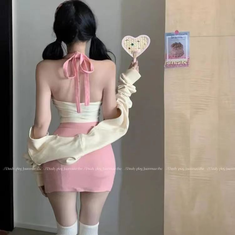 Set Áo Khoác Cardigan Tay Dài Màu Hồng + Chân Váy Phong Cách Thời Trang Mới Mùa Thu Cho Nữ