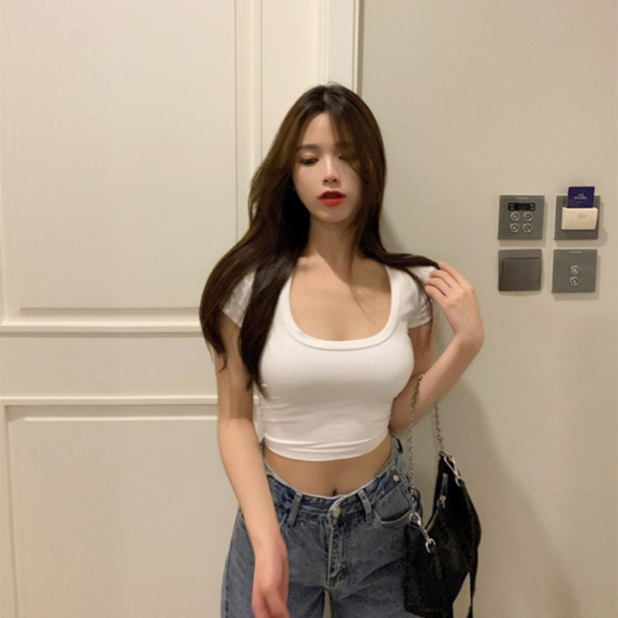 Áo Thun Lửng Ngắn Tay Cổ Chữ U Phong Cách Hàn Quốc Quyến Rũ Dành Cho Nữ