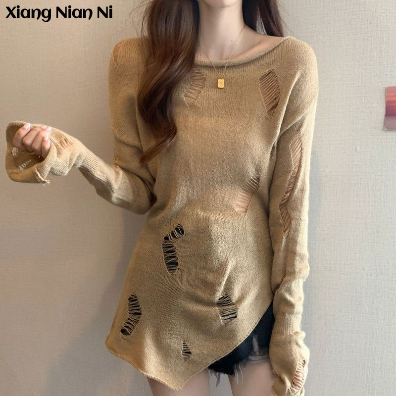 Áo sweater XIANG NIAN NI dệt kim dáng rộng tay dài thiết kế khoét lỗ rỗng thời trang cho nữ
