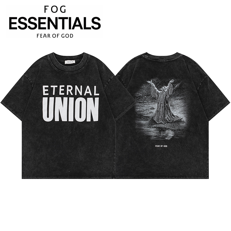 Áo Thun Cotton Tay Lửng Cổ Tròn Màu Trắng Đen In Chữ Fear Of God Wash Retro Eurocode FG Chất Lượng Tốt Nhất Cho Nam Và Nữ