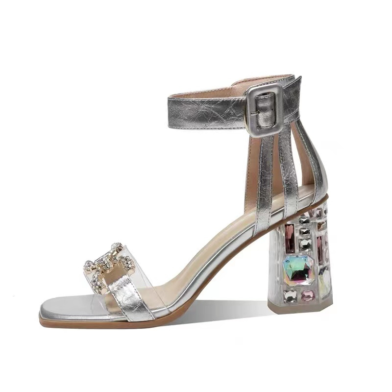 2023 giày cao gót mũi nhọn đế vuông giày cao gót trắng 7p giày cao gót trắng viền đen giày cao gót mũi nhọn đính đá Giày Sandal Gót Dày Mũi Vuông Đính Đá Thời Trang Mùa Hè Cho Nữ