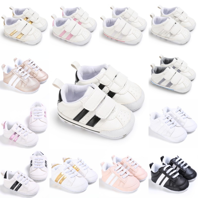 Giày Sneaker Da PU Đế Mềm Cột Dây Kẻ Sọc Đôi Quà Tặng Cho Bé Sơ Sinh 0-18 Tháng Tuổi