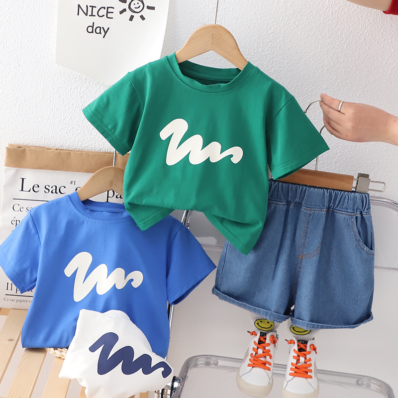 Set Áo Thun Tay Ngắn Cổ Tròn + Quần Short Denim Cotton Họa Tiết Chấm Bi Thời Trang Mùa Hè Kiểu Mới Cho Bé Kích Thước 90-130cm