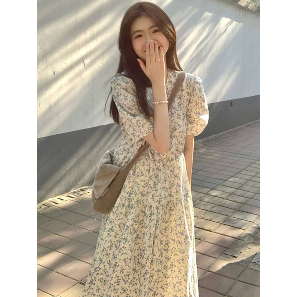 Đầm maxi Nữ Tay Ngắn Phồng In Hoa Thời Trang Hàn Quốc Mới