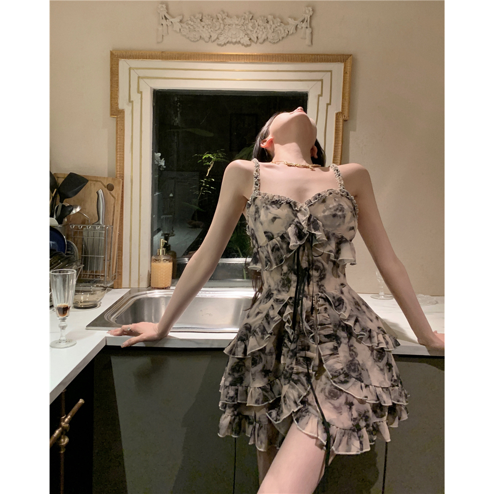 Đầm Voan Hai Dây Ôm Dáng Họa Tiết Hoa Phong Cách Retro Hàn Quốc Cho Nữ