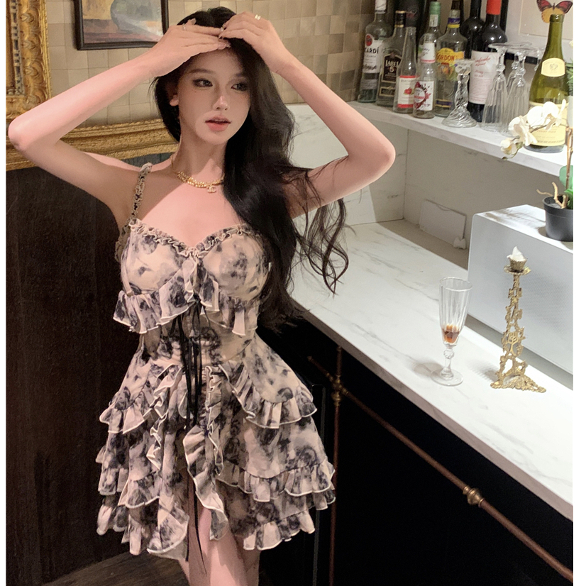 Đầm Voan Hai Dây Ôm Dáng Họa Tiết Hoa Phong Cách Retro Hàn Quốc Cho Nữ