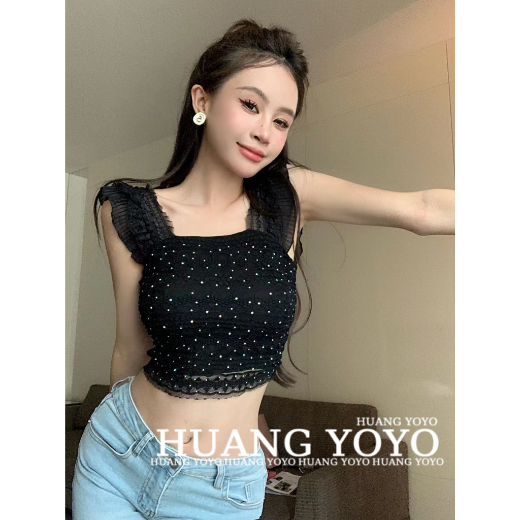 Áo Croptop Sát Nách Cổ Vuông Hở Lưng Phối Ren Thời Trang Mới 2023 Cho Nữ