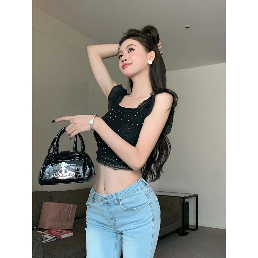 Áo Croptop Sát Nách Cổ Vuông Hở Lưng Phối Ren Thời Trang Mới 2023 Cho Nữ