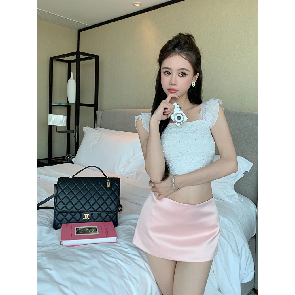 Áo Croptop Sát Nách Cổ Vuông Hở Lưng Phối Ren Thời Trang Mới 2023 Cho Nữ