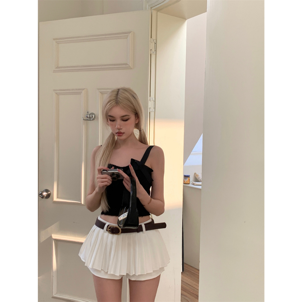 Áo Croptop Dệt Kim Hai Dây Màu Sắc Đơn Giản Phong Cách Retro Hàn Quốc Cho Nữ