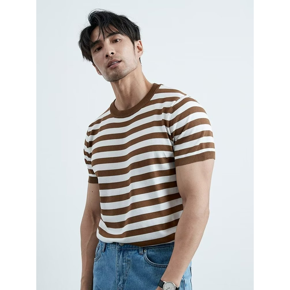 Áo len nửa tay lụa băng mùa hè Nam Hàn Quốc Mặc đường phố Slim-fit Sọc Top High @