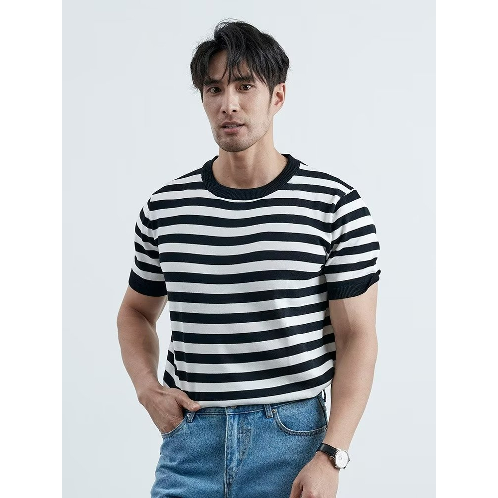 Áo len nửa tay lụa băng mùa hè Nam Hàn Quốc Mặc đường phố Slim-fit Sọc Top High @