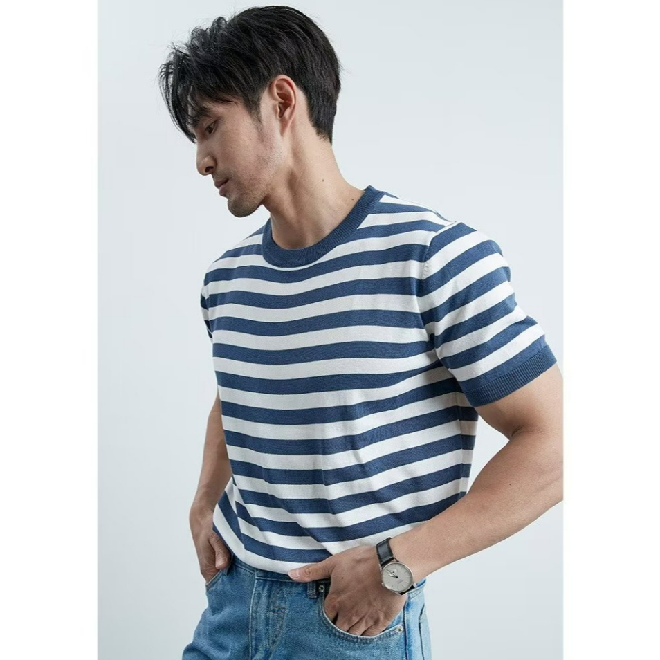 Áo len nửa tay lụa băng mùa hè Nam Hàn Quốc Mặc đường phố Slim-fit Sọc Top High @