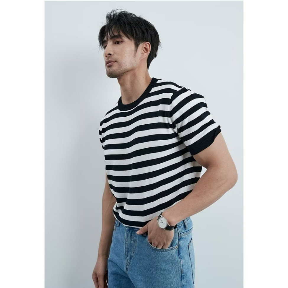 Áo len nửa tay lụa băng mùa hè Nam Hàn Quốc Mặc đường phố Slim-fit Sọc Top High @