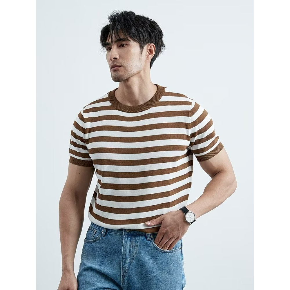 Áo len nửa tay lụa băng mùa hè Nam Hàn Quốc Mặc đường phố Slim-fit Sọc Top High @