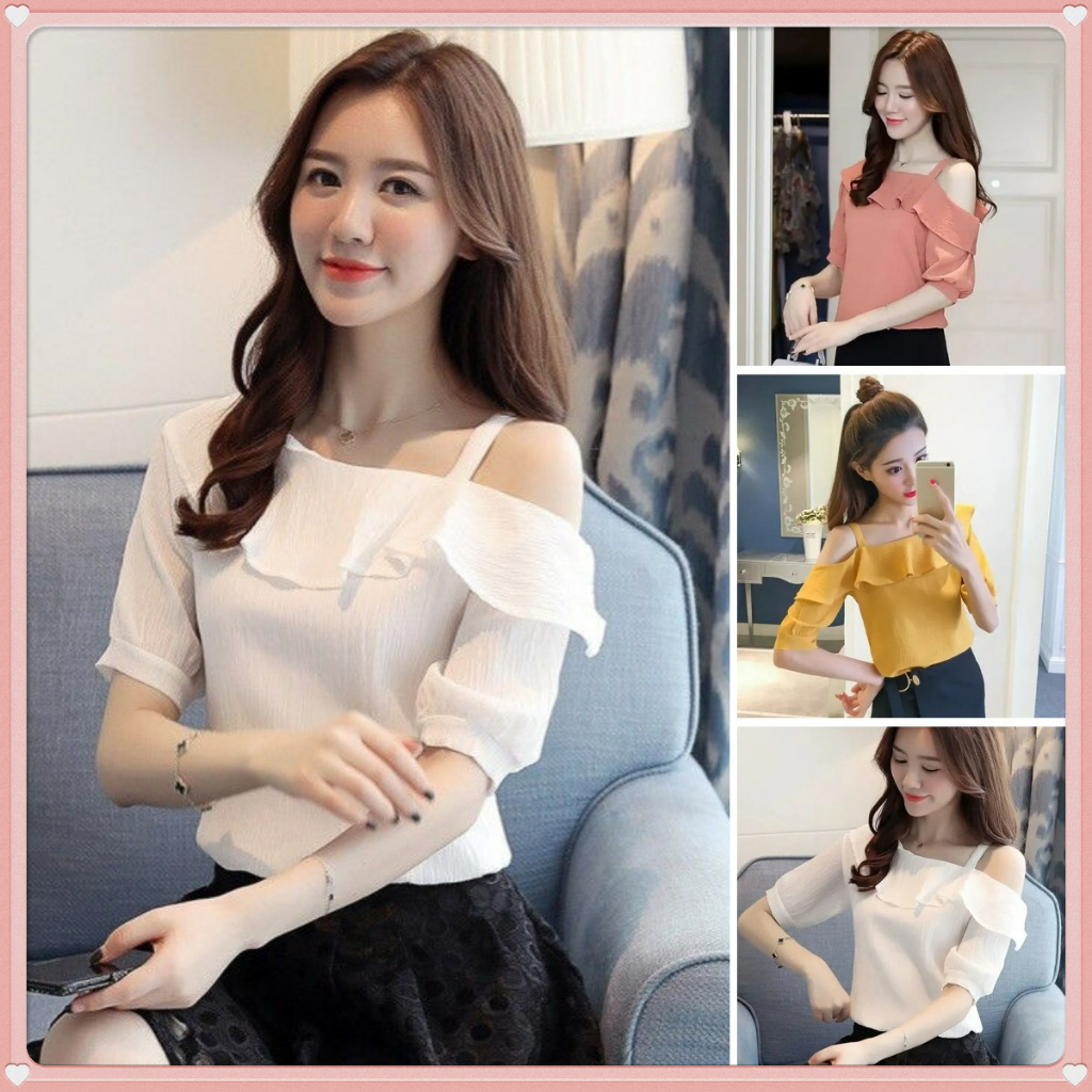 Áo Sơ Mi Chiffon Tay Ngắn Lệch Vai Màu Trơn Mùa Hè Mới Cho Nữ