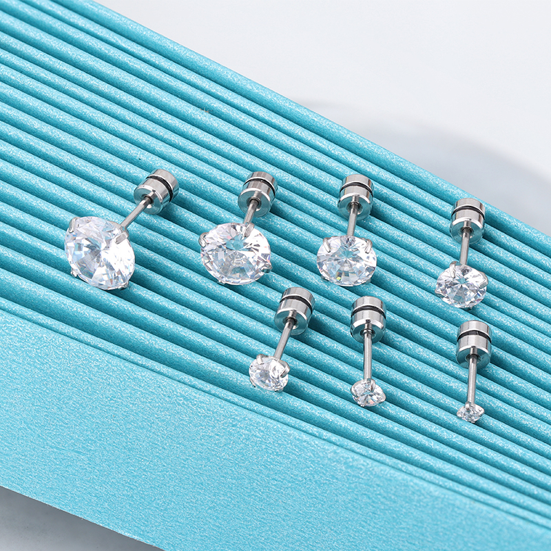 1 Cặp Bông Tai Thép Titan Bạc 925 Đính Đá Zircon 2-8MM Cho Nam Nữ
