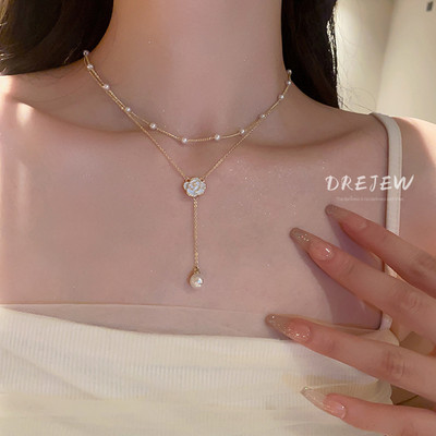 DREJEW Vòng cổ hai lớp đính hoa trà và hạt ngọc trai thời trang dây dây chuyền nữ