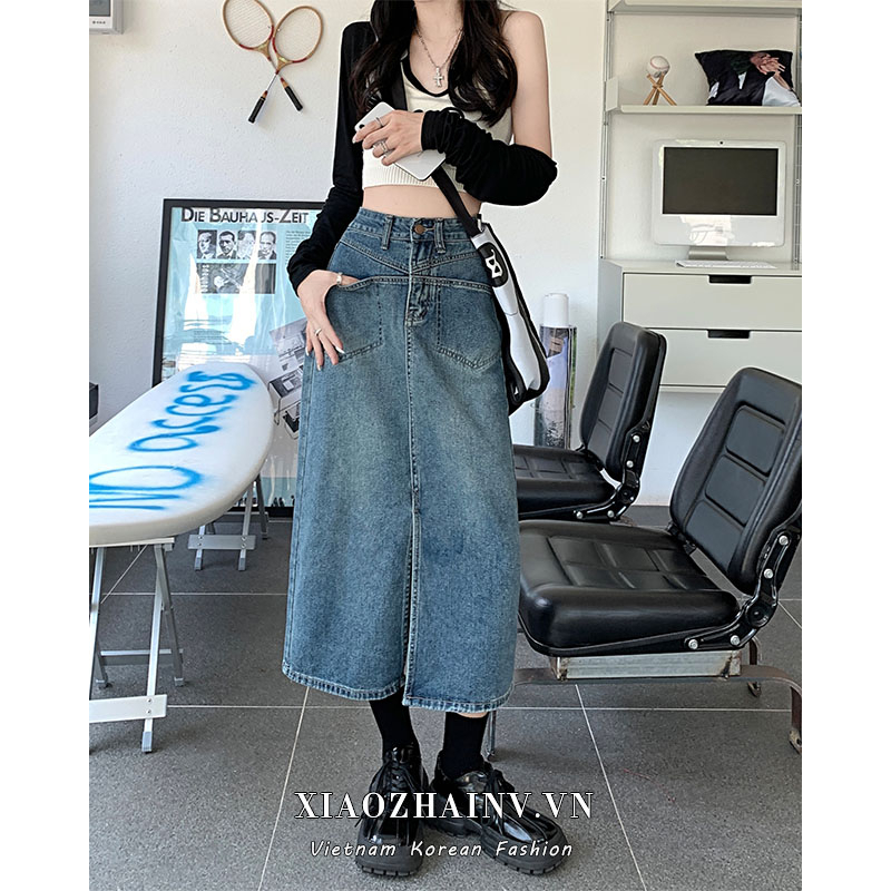 Xiaozhainv Chân Váy Jean Chữ A Lưng Cao Xẻ Tà Phong Cách Retro Thời Trang Cho Nữ