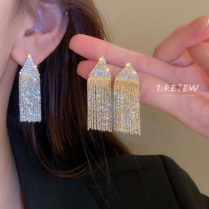 DREJEW Khuyên tai tua rua mạ vàng  bạc hình tam giác phong cách Âu Mỹ thời trang cho nữ