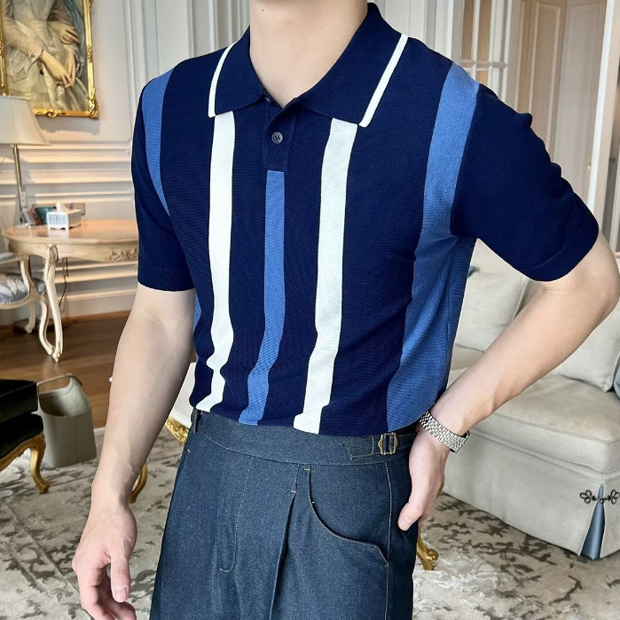 Áo POLO Dệt Kim Mỏng Tay Ngắn Kẻ Sọc Kiểu Anh Thời Trang Mùa Hè Cho Nam Size M-3xl