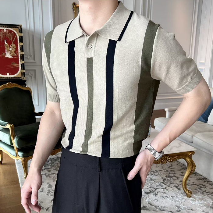 Áo POLO Dệt Kim Mỏng Tay Ngắn Kẻ Sọc Kiểu Anh Thời Trang Mùa Hè Cho Nam Size M-3xl
