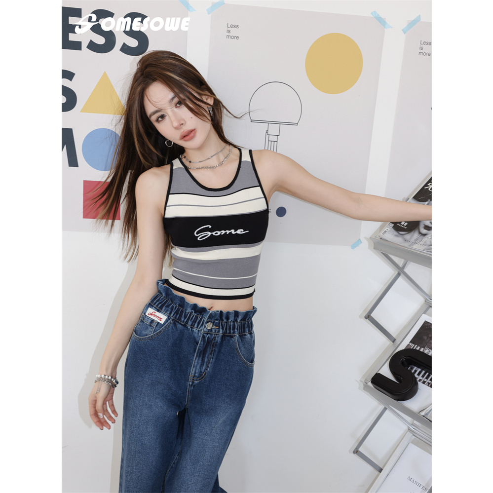 QADCOL Áo Len Sọc Ngắn Nhỏ Không Tay Xương Cá Thời Trang Mùa Hè Nóng Bỏng Phong Cách Mới Dành Cho Bạn Gái