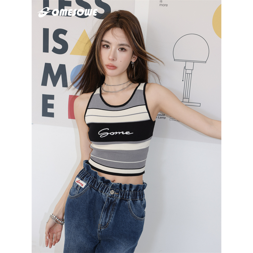QADCOL Áo Len Sọc Ngắn Nhỏ Không Tay Xương Cá Thời Trang Mùa Hè Nóng Bỏng Phong Cách Mới Dành Cho Bạn Gái