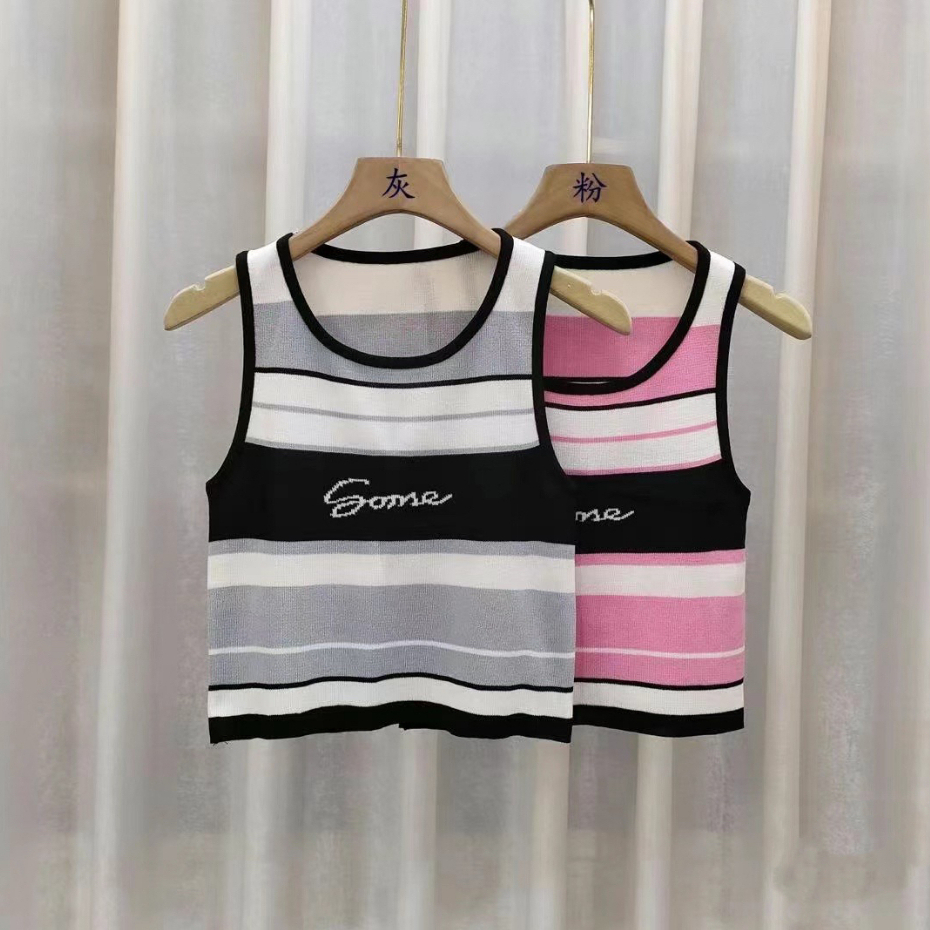 QADCOL Áo Len Sọc Ngắn Nhỏ Không Tay Xương Cá Thời Trang Mùa Hè Nóng Bỏng Phong Cách Mới Dành Cho Bạn Gái