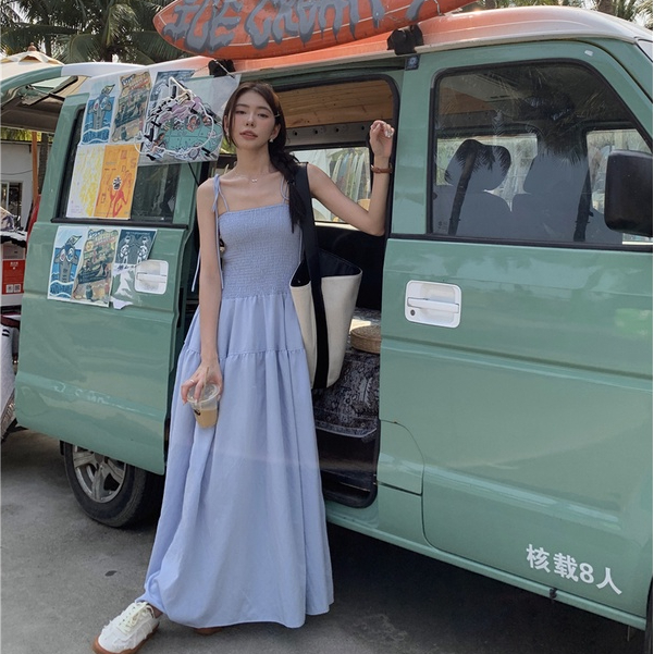 SUXI Đầm Hai Dây Dáng Dài Màu Sắc Trơn Thời Trang Mùa Hè Phong Cách Hàn Quốc Cho Nữ
