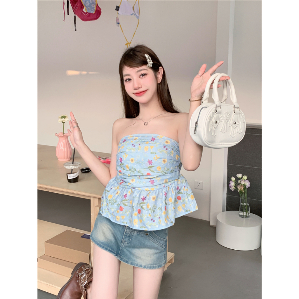 Lalisas Áo Ngắn Không Dây In Hoa Màu Xanh Dương Ngọt Ngào Quyến Rũ Cho Nữ