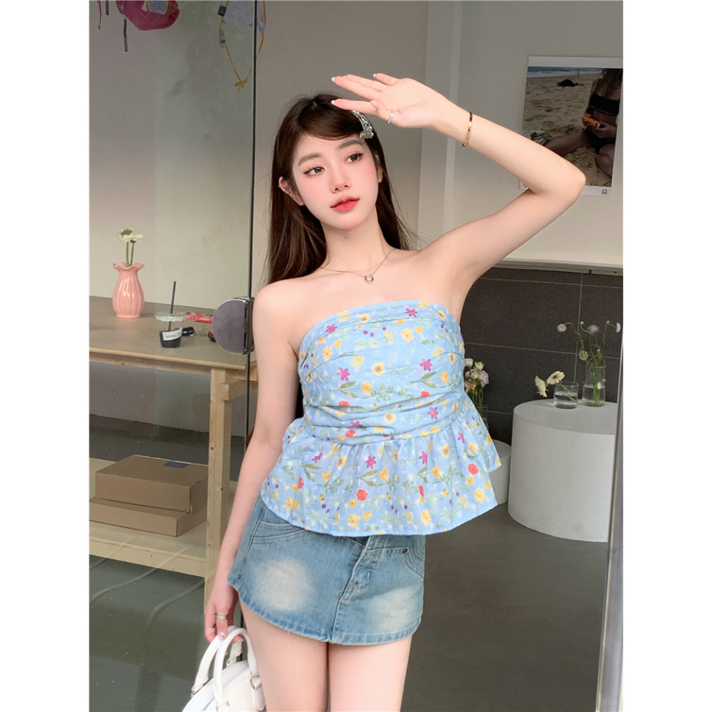 Lalisas Áo Ngắn Không Dây In Hoa Màu Xanh Dương Ngọt Ngào Quyến Rũ Cho Nữ