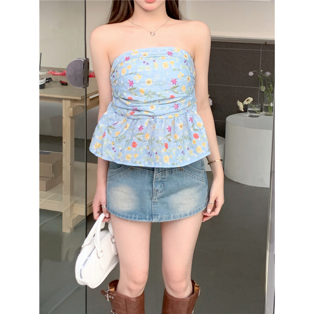 Lalisas Áo Ngắn Không Dây In Hoa Màu Xanh Dương Ngọt Ngào Quyến Rũ Cho Nữ