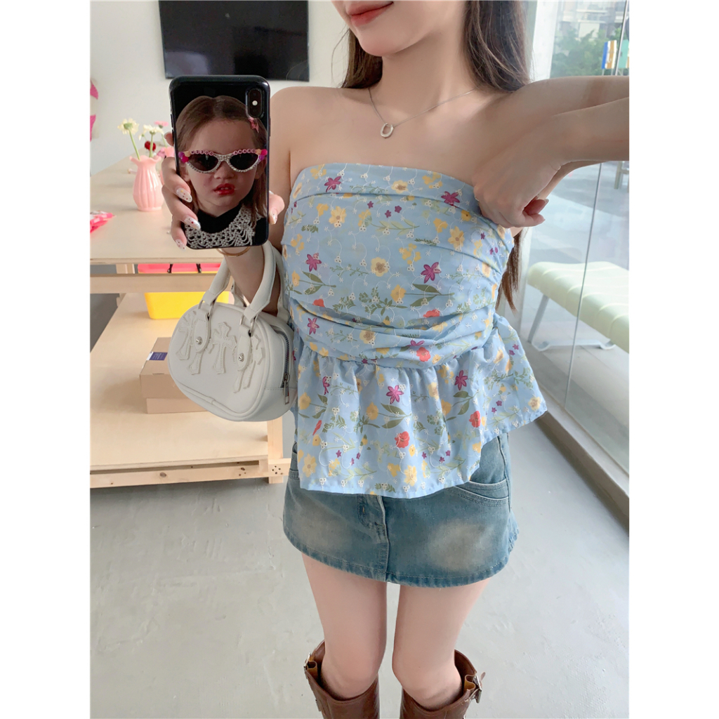 Lalisas Áo Ngắn Không Dây In Hoa Màu Xanh Dương Ngọt Ngào Quyến Rũ Cho Nữ