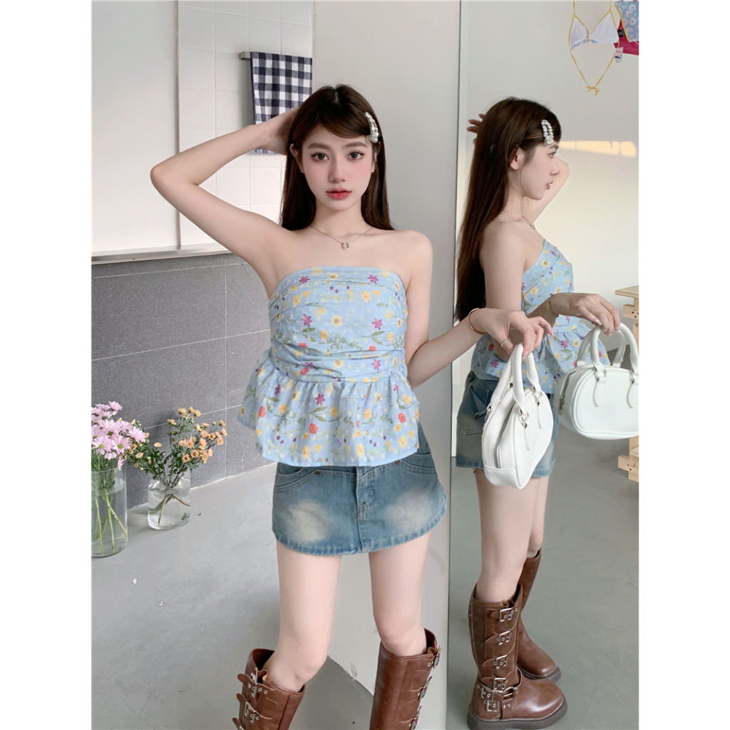 Lalisas Áo Ngắn Không Dây In Hoa Màu Xanh Dương Ngọt Ngào Quyến Rũ Cho Nữ