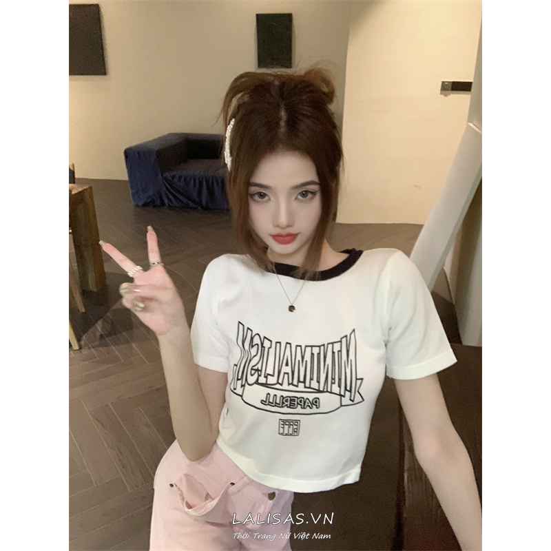 Lalisas Áo Croptop Tay Ngắn In Chữ Khoét Lỗ Hở Lưng Thời Trang Cho Nữ