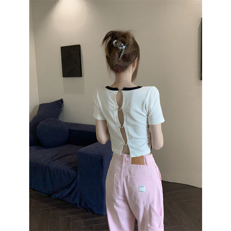 Lalisas Áo Croptop Tay Ngắn In Chữ Khoét Lỗ Hở Lưng Thời Trang Cho Nữ