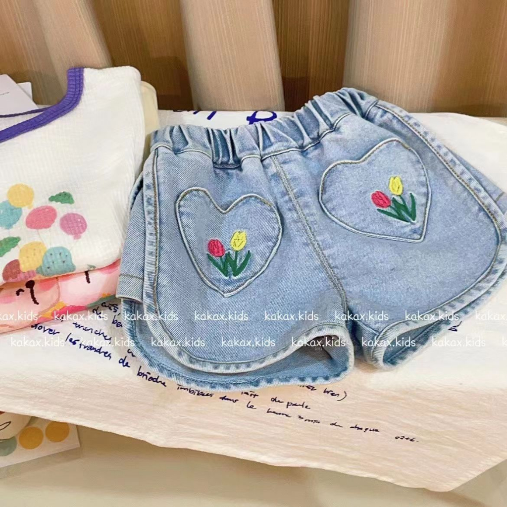 Quần Short Denim Họa Tiết Hoa Tulip Thời Trang Mùa Hè Mới 2023 Dành Cho Bé Gái 1-9 Tuổi