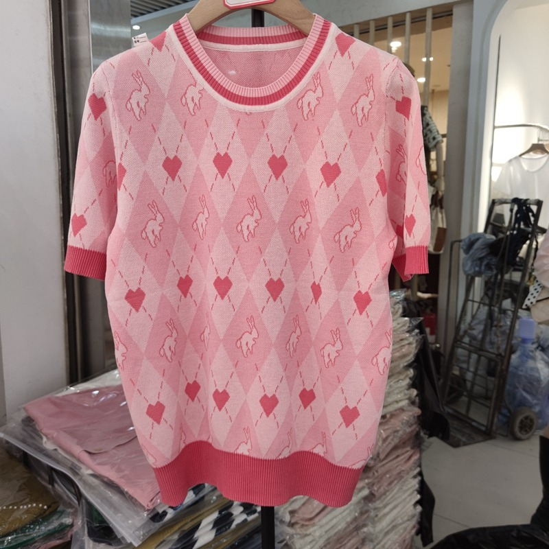 Áo Dệt Kim Mỏng Tay Ngắn Cổ Tròn Màu Sắc Tương Phản Họa Tiết Kẻ Sọc Thời Trang Mùa Hè Cho Nữ