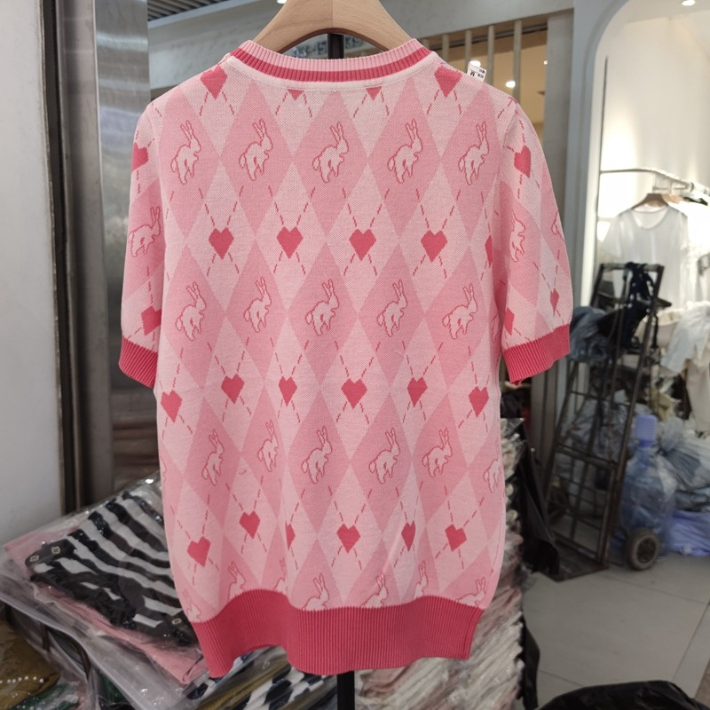 Áo Dệt Kim Mỏng Tay Ngắn Cổ Tròn Màu Sắc Tương Phản Họa Tiết Kẻ Sọc Thời Trang Mùa Hè Cho Nữ