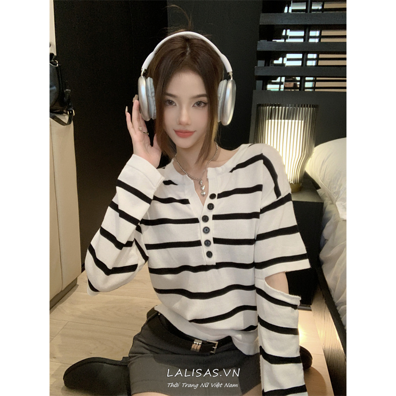 Áo Thun Nữ Dài Tay Cổ Chữ V Sọc Ngang Thời Trang