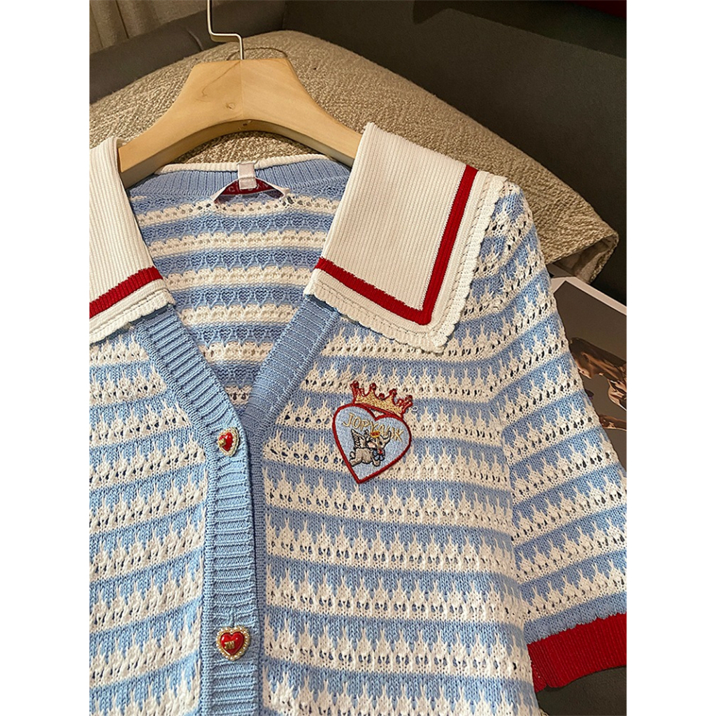 Áo cardigan Dệt Kim Mỏng Cổ Thủy Thủ Tay Ngắn Phong Cách Mới Mùa Hè Cho Nữ