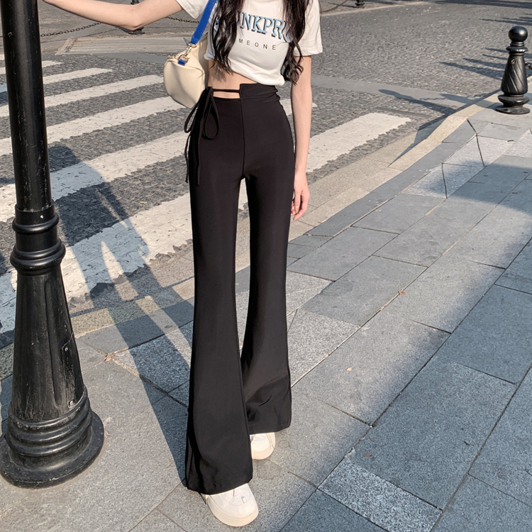 ZHELIHANGFEI Quần Dài Ôm Dáng Có Dây Cột Màu Đen Phong Cách Hong Kong Cổ Điển Cho Nữ